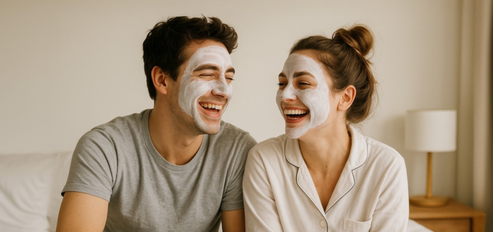 Foto de una pareja joven sonriendo mientras disfrutan juntos su rutina de cuidado de la piel