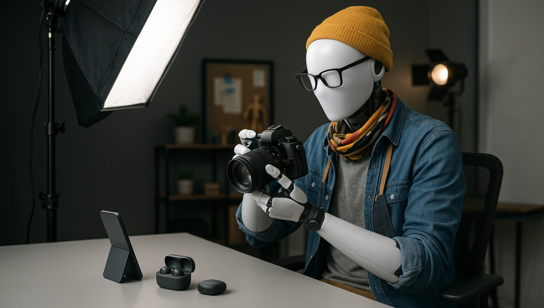 Imagen de una IA creativa representada como fotógrafo profesional de productos