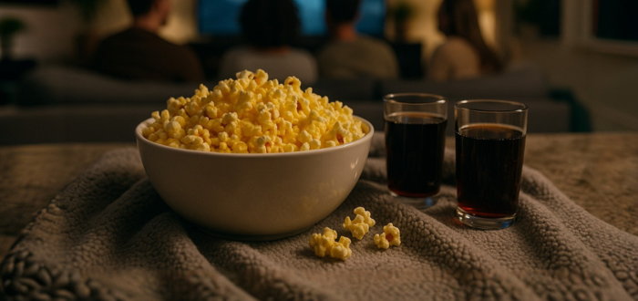 Captura de palomitas y refrescos, la combinación ideal para un maratón de pelis con amigos