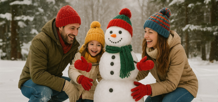 Foto de una familia construyendo un muñeco de nieve con ropa festiva y gorros coloridos