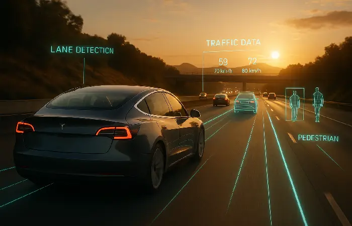 Auto Tesla analizando la ruta con IA