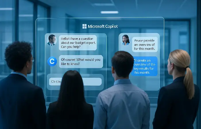 Ejecutivos observando una conversacion holografica