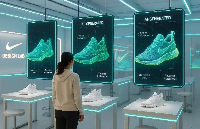 Mujer observando hologramas de zapatos