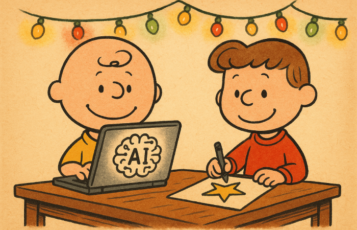 Cómo usar la inteligencia artificial para crear campañas navideñas 4 Charlie Brown trabajando en equipo