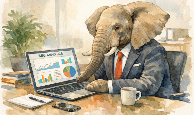 Elefante ejecutivo analizando métricas